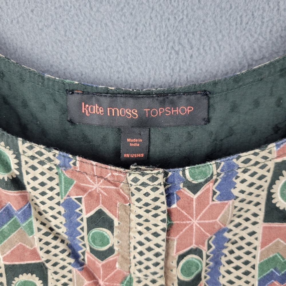 Kate Moss Topshop Sun Dress Women 12 Black Aztec Print Cotton Pleated Round Neck - Picture 4 of 8